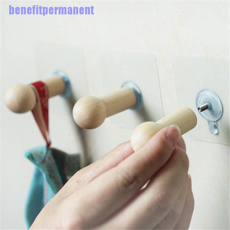 Benefitpermanent✹★ Móc Gỗ Treo Khăn Gắn Tường Tự Dính Không Cần Khoan