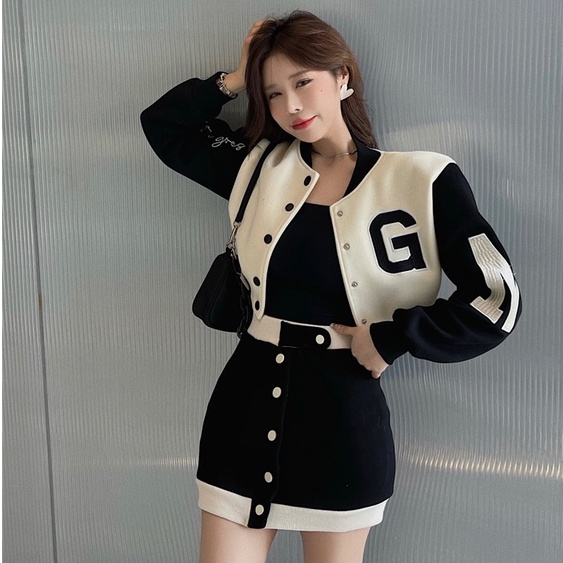 Set Đồ Thể Thao Gồm Áo Khoác Bóng Chày Tay Dài In Chữ + Chân Váy Lưng Cao Phong Cách Trung Hoa Thời Trang Mới