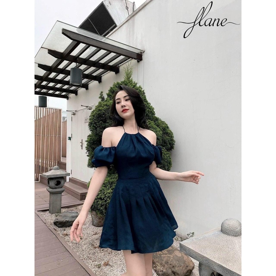 Váy thô cổ yếm đâm dáng xoè trễ vai sang chanh , váy trễ vai tay bồng tiểu thư màu xanh than đẹp hàng hai lớp-Minxy shop