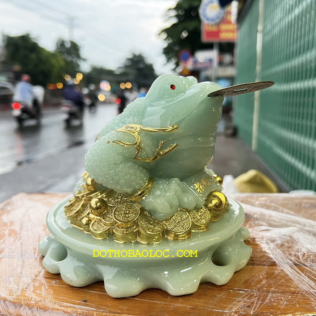 Thiềm Thừ phong thủy màu xanh bằng đá cao cấp cao 12cm – Cóc 3 chân - Xanh