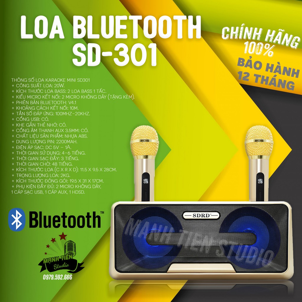 Loa karaoke mini SD-301 - tặng kèm 2 micro có đèn nhấp nháy theo nhạc dành cho karaoke trong gia đình, dễ dàng sử dụng