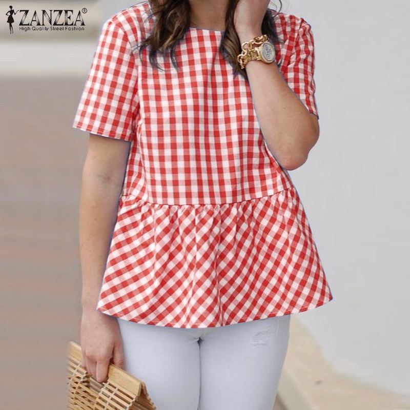 Zanzea Áo Sơ Mi Tay Ngắn Viền Bèo Họa Tiết Sọc Caro Phong Cách Châu Âu Thời Trang