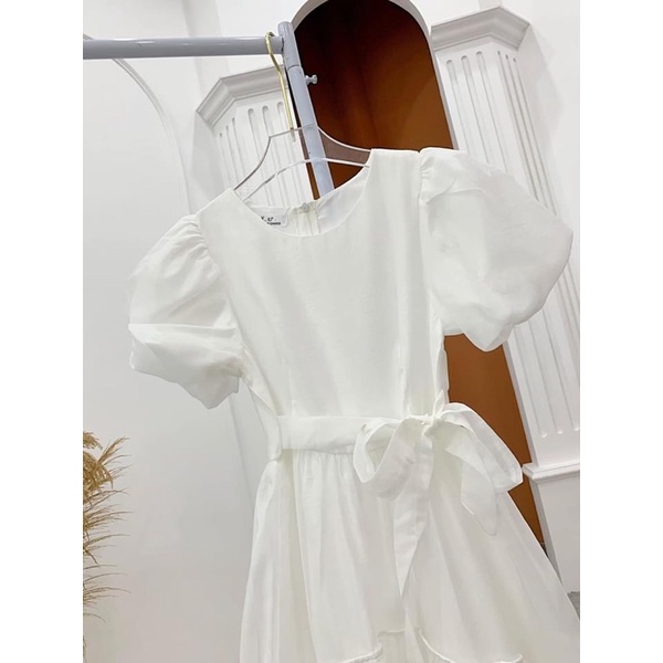 Đầm - Váy babydoll tơ trắng 2 lớp cổ tròn tay bồng