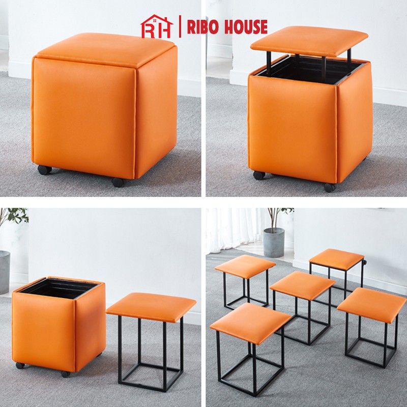 Bộ 5 ghế sofa đơn RIBO HOUSE đệm vải da ghế hình rubik trang trí phòng khách quán cà phê sân vườn RIBO172