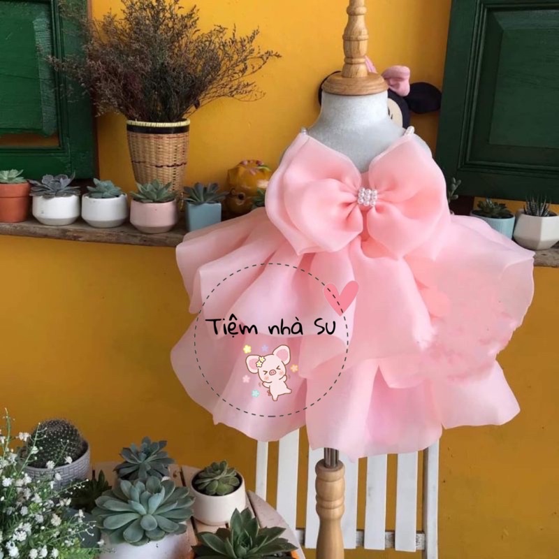 Váy Đầm công chúa 2 dây nơ ngực kèm cài tóc bé gái diện thôi nôi, sinh nhật (07-22kg) - TIỆM NHÀ SU