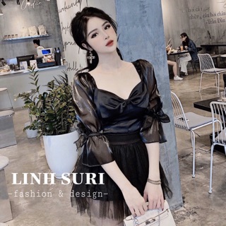 Áo lụa phối nơ + chân váy lưới tầng