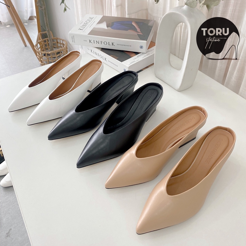 Giày sục guốc nữ bít mũi tim gót trụ 5cm thanh lịch, tôn dáng