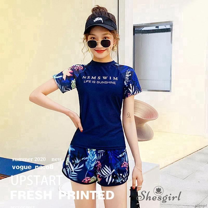 Bộ đồ bơi áo tay ngắn + quần sọt phối hoạ tiết đơn giản phong cách Hàn Quốc cho nữ