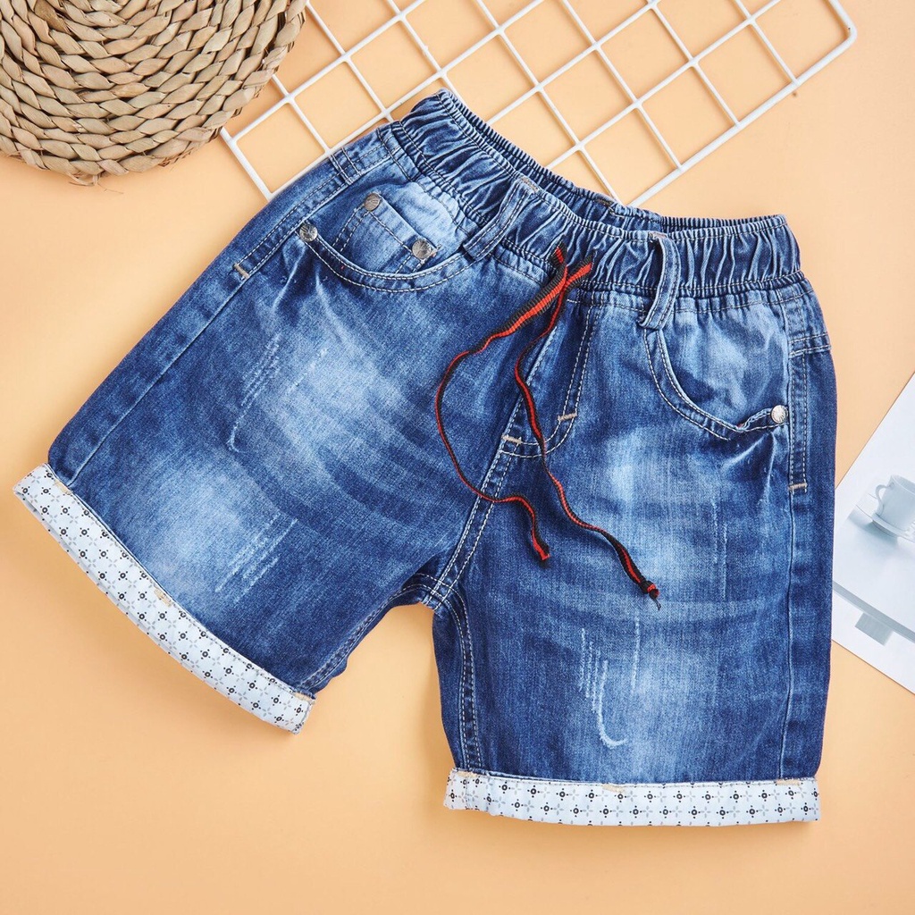 Quần jean trẻ em TrueKids, quần short jean cho bé trai wash xước size đại đến 40kg