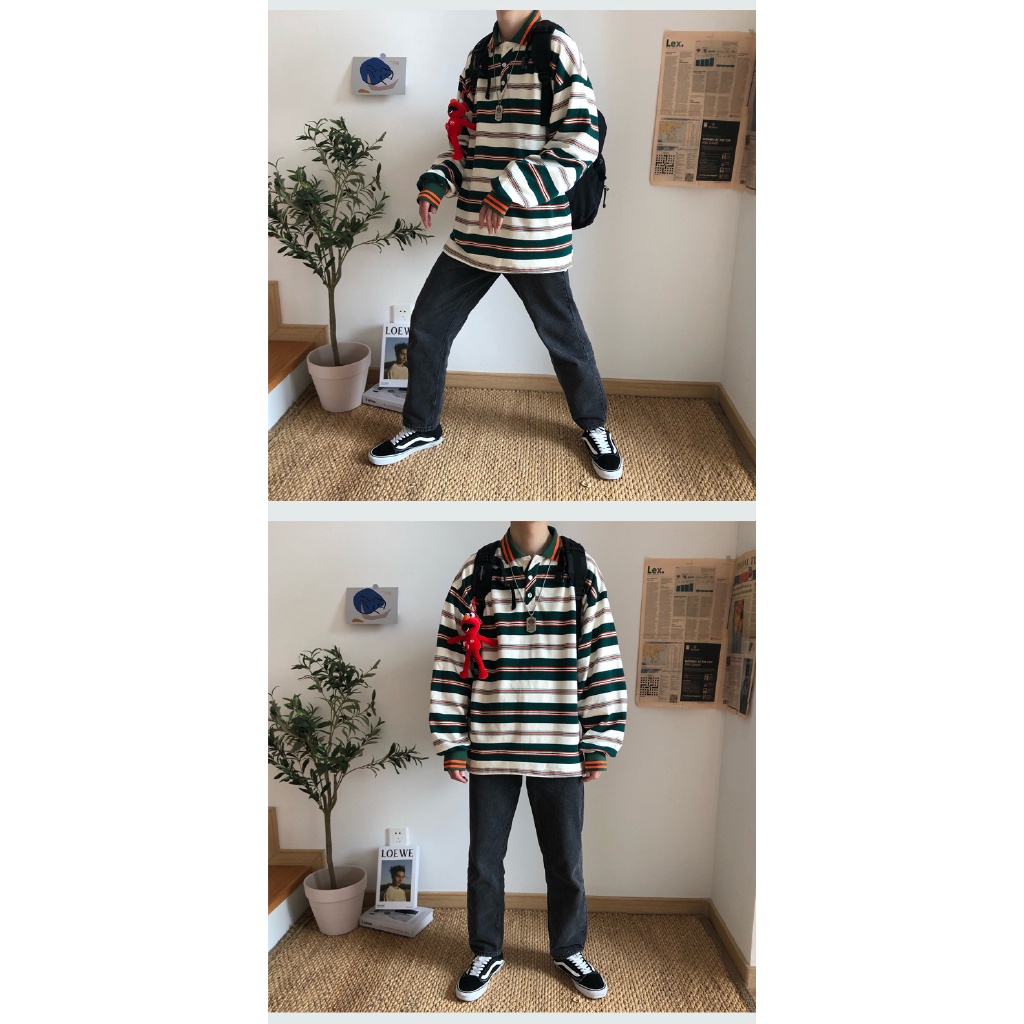 Áo thun POLO tay dài kẻ sọc thời trang mùa thu cho cặp đôi | BigBuy360 - bigbuy360.vn