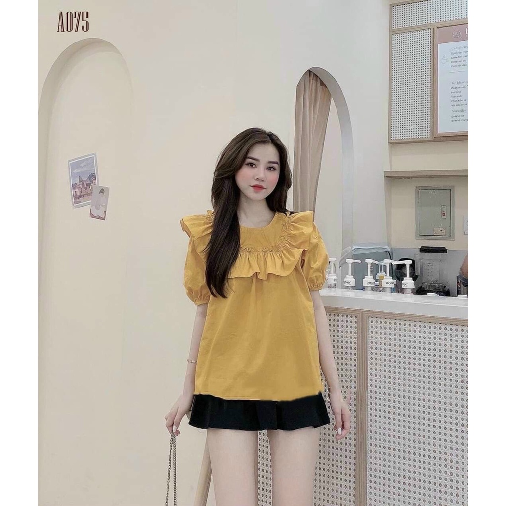 Sét áo bánh bèo cổ tròn ống tay bo chun mix với chân váy đen cực xinh cho chị em đi dạo phố