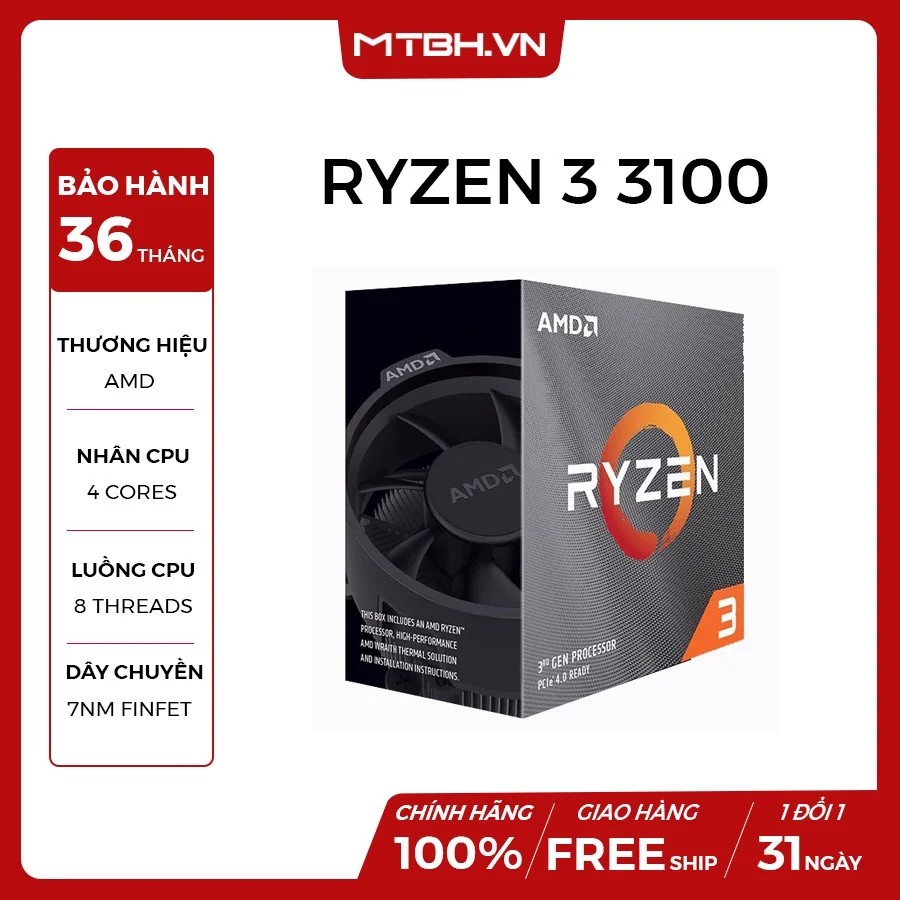 BỘ VI XỬ LÝ AMD RYZEN 3 3100 (3.6GHz Boost 3.9GHz | 4 Cores / 8 Threads | 16MB Cache | PCIe 4.0) SOCKET AM4