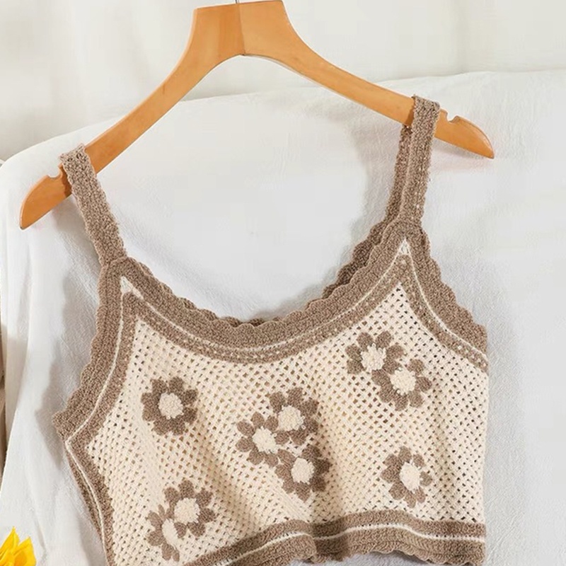 Whi Áo Sweater Dệt Kim Không Tay Khoét Rỗng Họa Tiết Hoa Màu Sắc Tương Phản Cổ Điển Cho Nữ