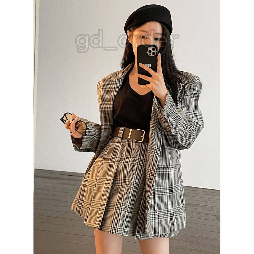 B81|Set bộ áo vest caro kẻ sọc đồng phục cổ điển kèm váy xếp ly ngắn thanh lịch, công sở gd_order