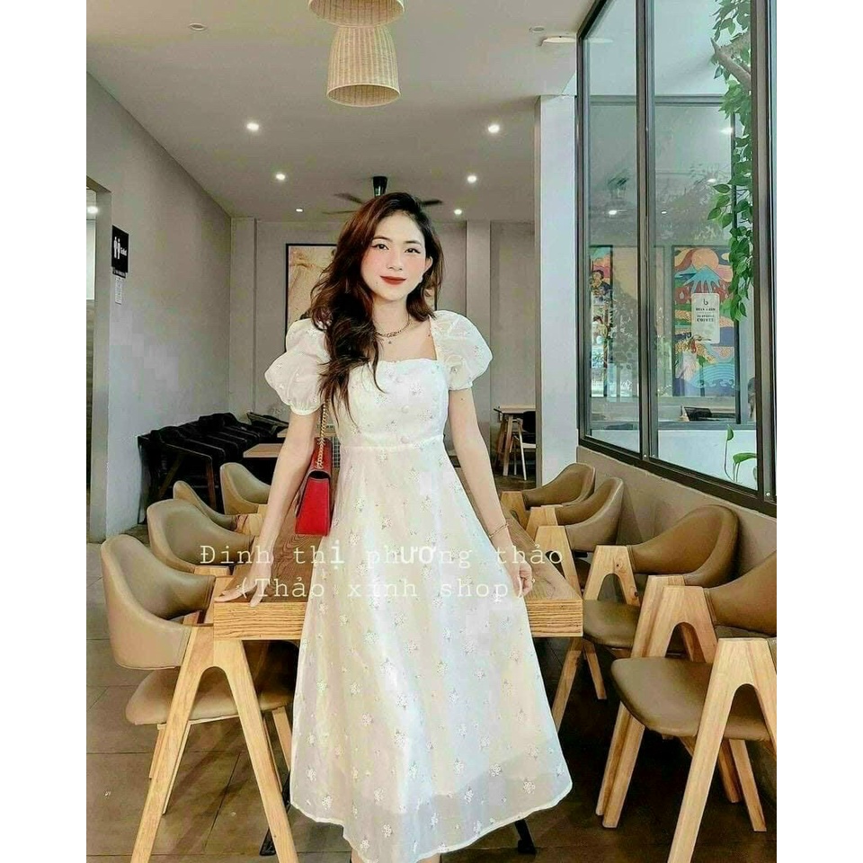 Váy đầm nữ dáng xoè tay con cổ vuông hoạ tiết hoa nút bọc chât vải voan 2 lớp cao cấp