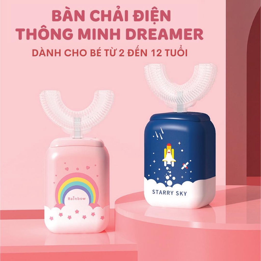 Bàn chải điện cho bé DREAMER, Bàn chải đánh răng điện cho bé đầu chữ U chất liệu silicone siêu mềm cho bé từ 2-12 tuổi