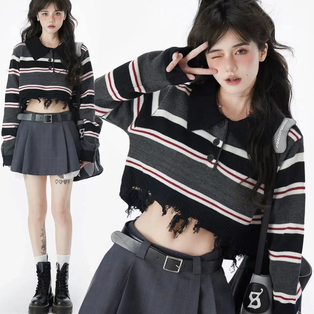 Áo Sweater Dệt Kim Cổ polo Kẻ Sọc Phong Cách Retro Mỹ Thời Trang Mùa Thu Hàn Quốc 2022 Mới Dành Cho Bạn Gái