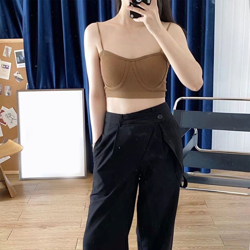 Áo Croptop Hai Dây Dệt Kim Ôm Dáng Có Mút Đệm Ngực Cho Nữ