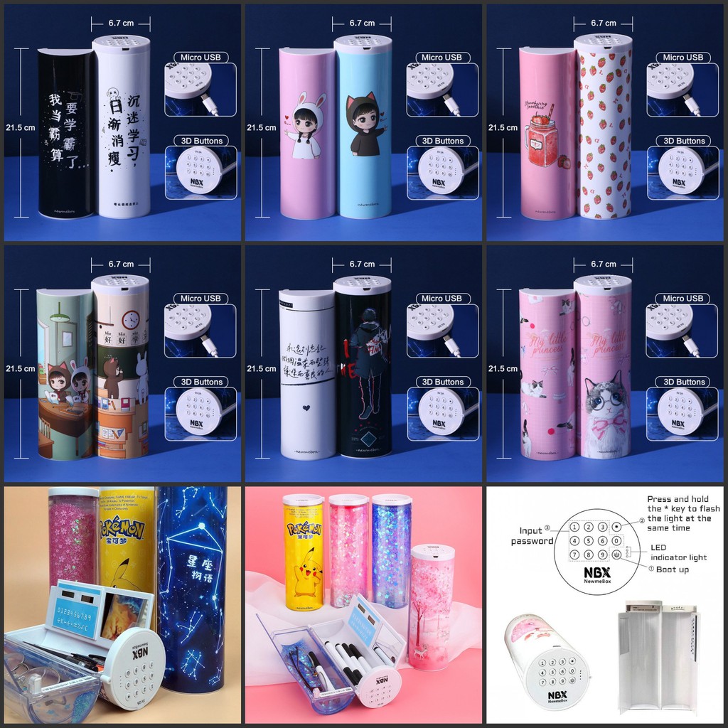 Hộp đựng bút đa năng có mật khẩu & máy tính phối kim tuyến dễ thương cho học sinh
