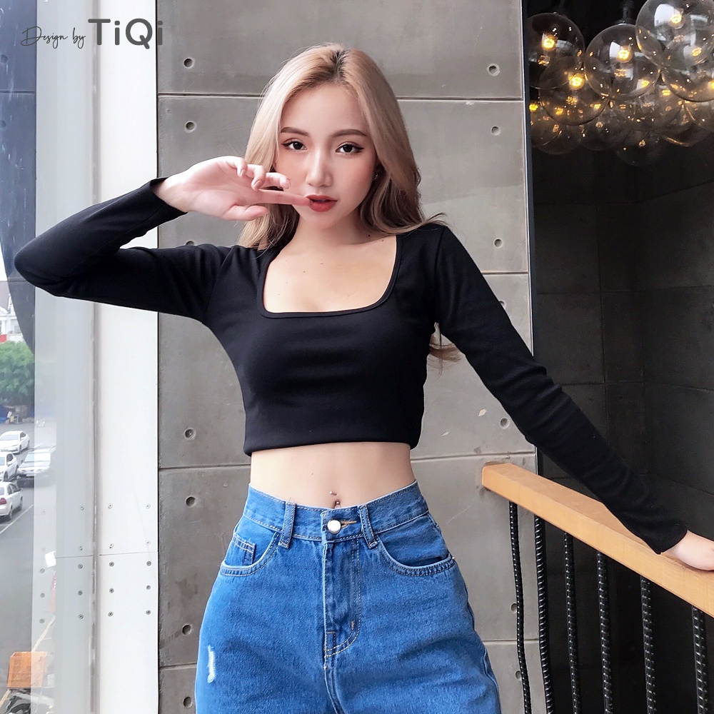 Áo croptop thun cotton tay dài cổ vuông nhiều màu TiQi Jeans A101