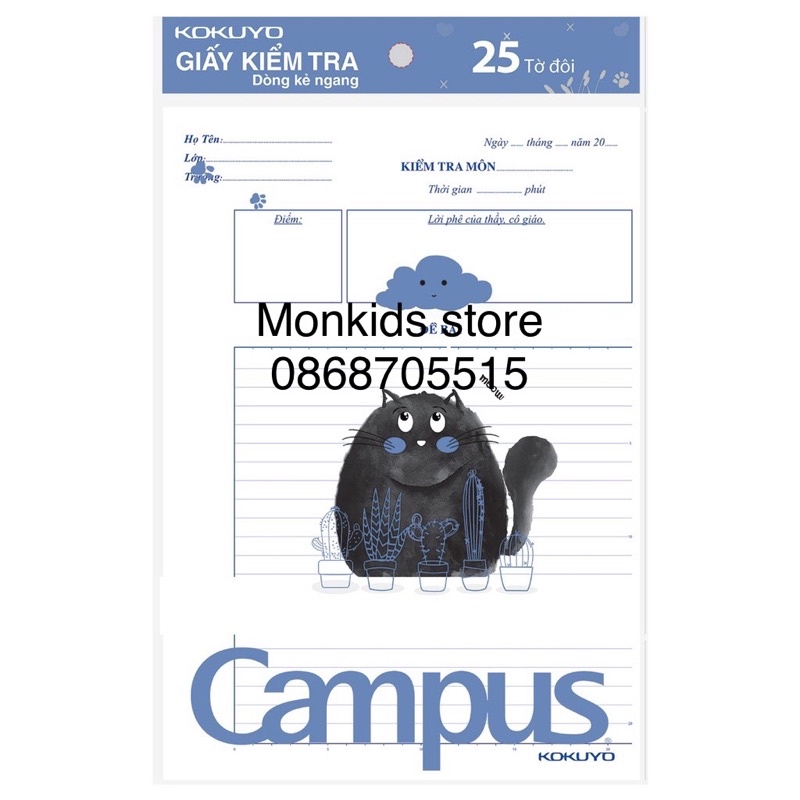 Giấy kiểm tra cấp 2 Campus mẫu mới nhất 2022 với hình ảnh chú mèo ngộ nghĩnh đáng yêu