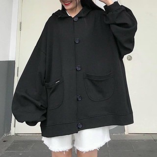 Áo khoác nỉ có mũ - ÁO HOODIE CÀI NÚT CÓ 2 TÚI freesize form rộng nam nữ unisex mặc cặp - couple màu đen TRƠN