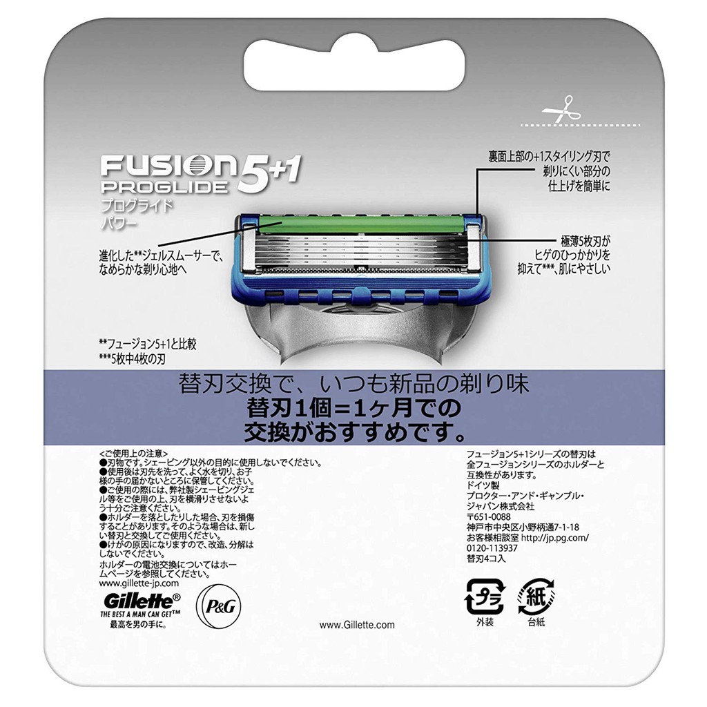 Hộp lưỡi dao thay thế Gillette Fusion 5+1 Proglide Power Nhật Bản (hộp 04 lưỡi)