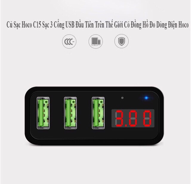 Củ Sạc 3 cổng USB sạc nhanh HOCO có màn led hiển thị