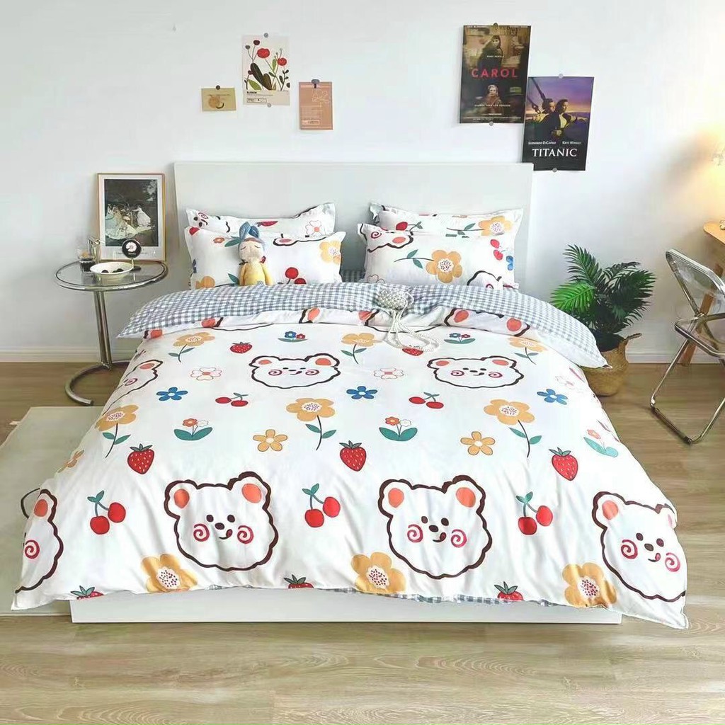 Bộ Drap & Chăn Phao Cotton Poly Gấu Cherry
