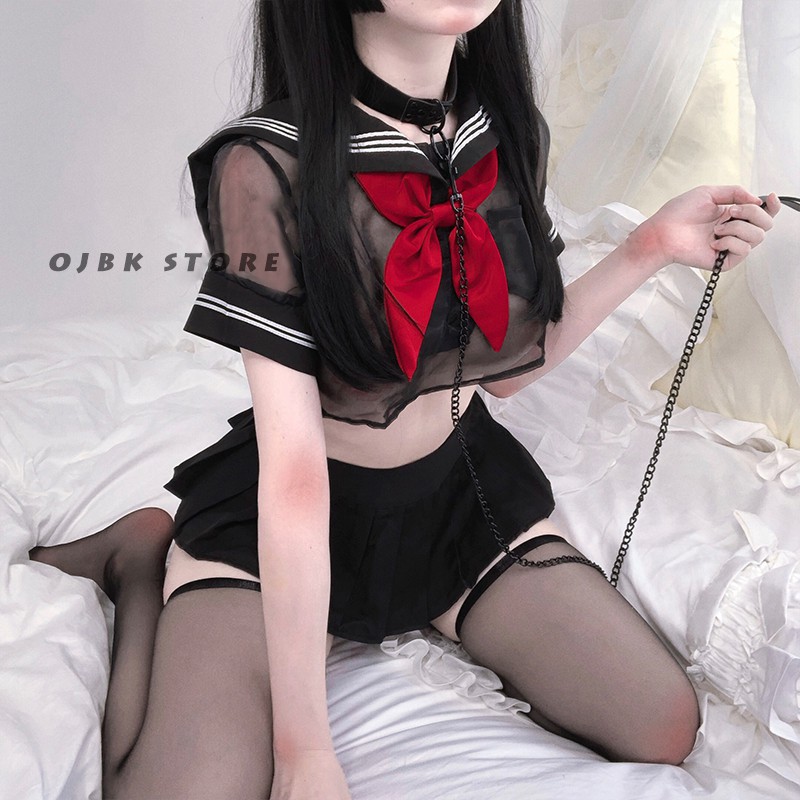 Cosplay nữ sinh trong suốt hồng đen, cosplay sexy nữ sinh Nhật Bản váy ngủ gợi cảm