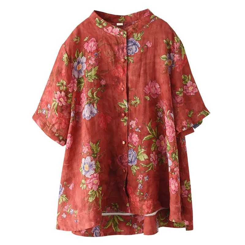 Áo Sơ Mi Cotton Lanh Tay Ngắn Dáng Rộng In Họa Tiết Kỹ Thuật Số Thời Trang Mùa Hè Mới 2022