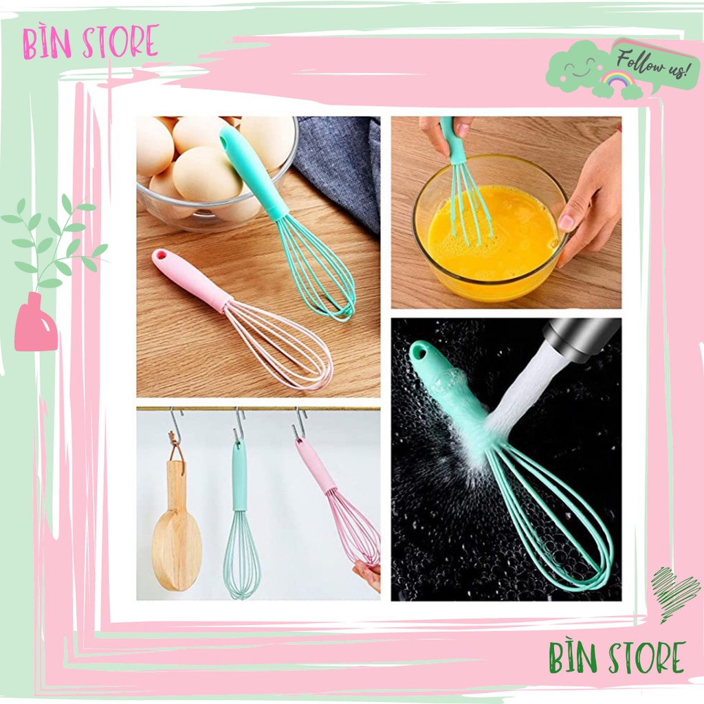 Dụng cụ đánh trứng cầm tay- phới lồng dùng làm bánh, khuấy bột bằng silicon màu hồng/xanh pastel/ trắng BÌN STORE