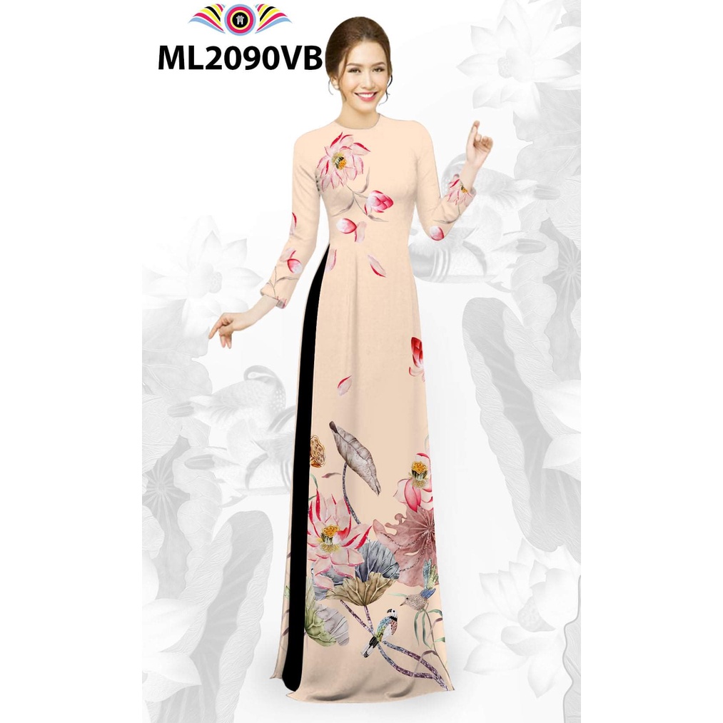 Bộ áo dài truyền thống may sẵn họa tiết hoa sen màu vàng bò
