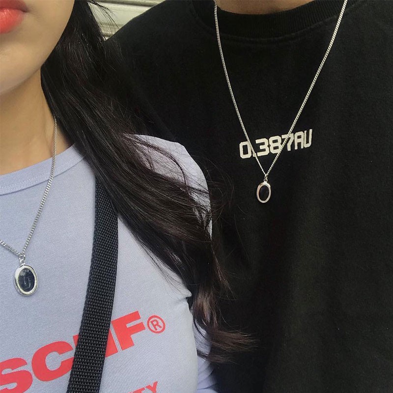 Dây chuyền mặt hình oval đính đá màu đen phong cách hip hop cá tính