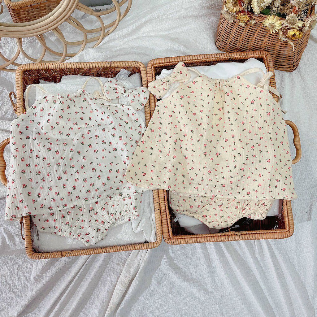 Bộ hai dây cho bé gái từ 6 tháng đến 5 Tuổi chất đũi lụa thoáng mát hình in hoa đáng yêu ( tặng kèm nơ )