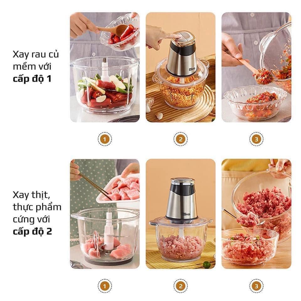 Máy xay thịt OLIVO FC21 - Máy xay đa năng công suất 500W 4 Lưỡi dao, Cối thủy tinh 2.1lit - Bảo hành 24 tháng chính hãng