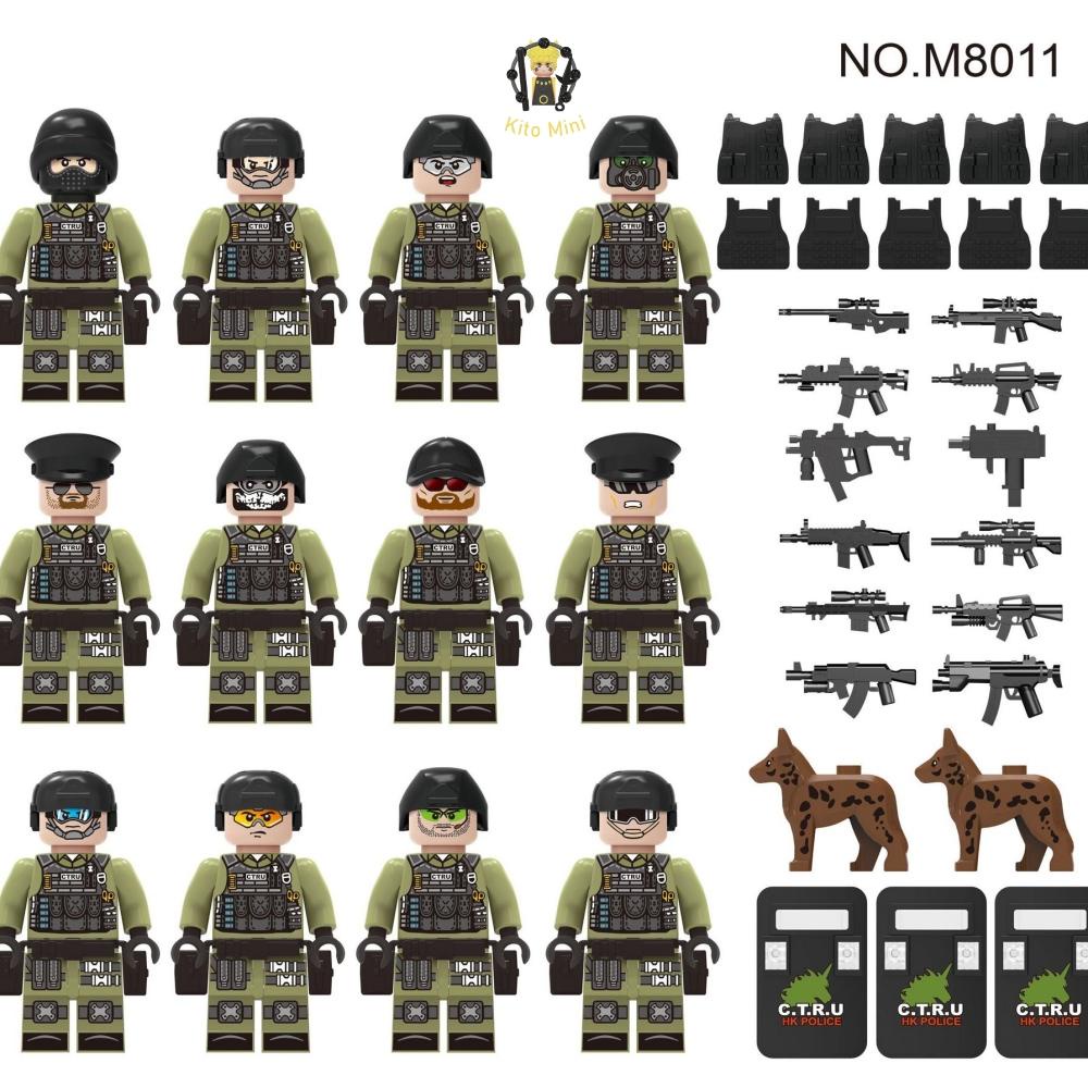Minifigures Combo 12 Lính Lắp Ráp Quân Đội Cảnh Sát Swat Có Giáp Trang Bị Và Chó Nghiệp Vụ M8011