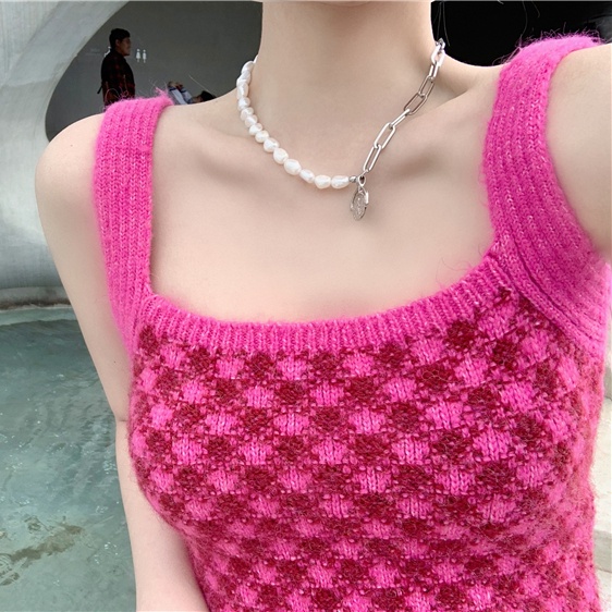 Áo Hai Dây Dệt Kim Dáng Ngắn Họa Tiết Kẻ Sọc Màu Đỏ Hồng Thời Trang Mùa Hè Xinh Xắn Cho Nữ