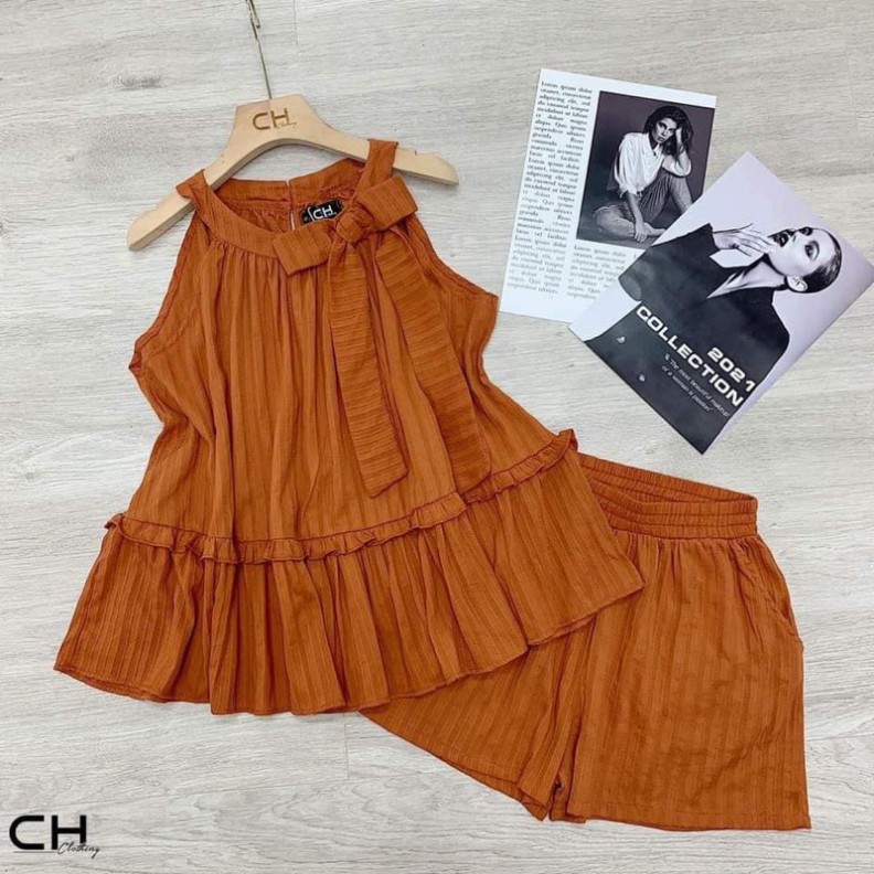 Sét yếm dập ly, sét đũi đi biển áo phối nơ vai dáng xòe phối quần short cạp chun thoải mái