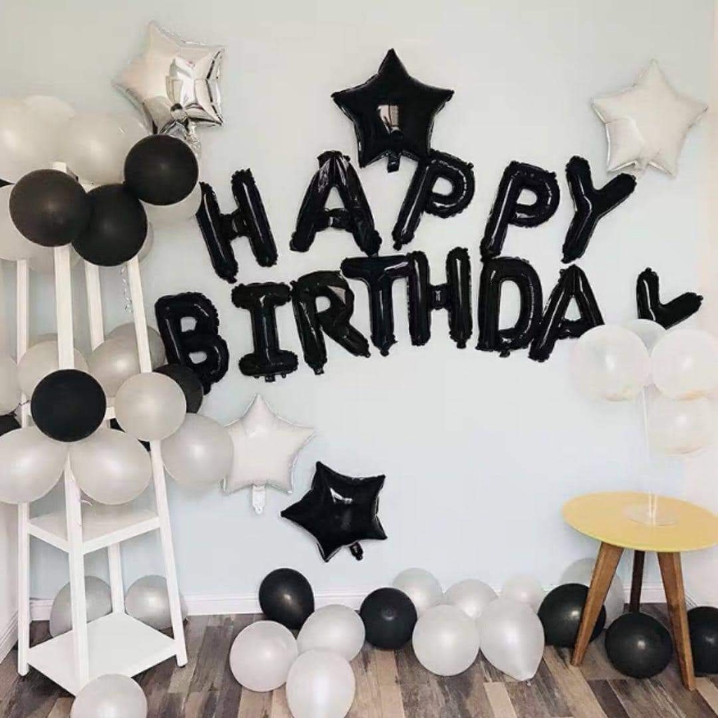 Set bóng Happy birthday trang trí sinh nhật chủ đề đen, trắng