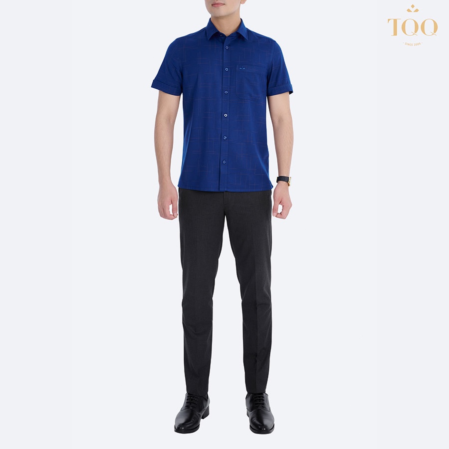 Áo sơ mi ngắn tay TQQ chất coton cao cấp màu xanh tím than và màu đen K233CB vạt ngang có túi ngực