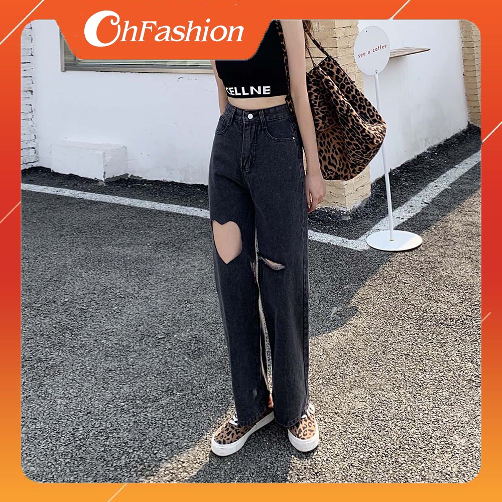DEAL SỐC_Quần Jeans Nữ Ống Suông Đen Cắt Tim Cao Cấp OHS3902
