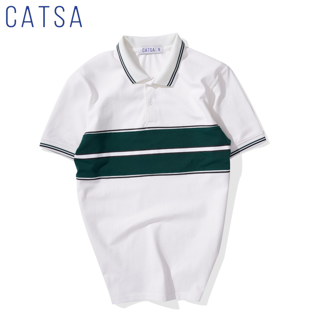 CATSA Áo polo trắng phối xanh rêu ATP237