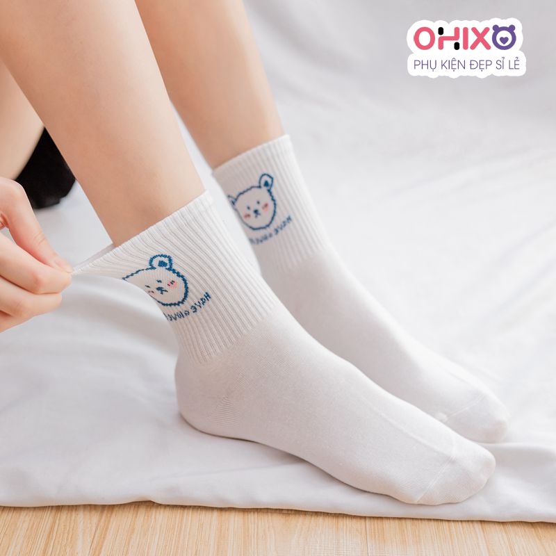 Tất cổ cao, vớ cổ cao nữ trắng họa tiết dễ thương vải co giãn thời trang Hàn Quốc PK14 OHIXO