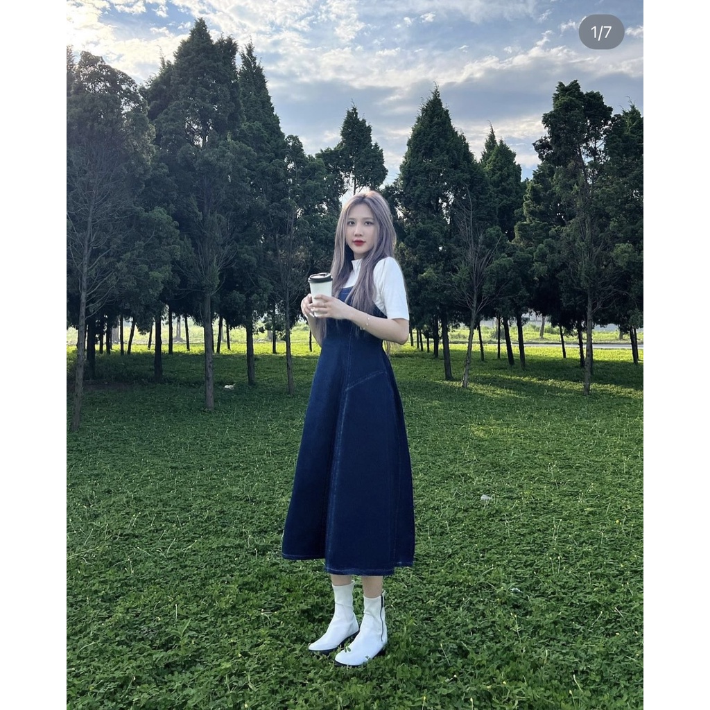 Váy yếm bò viền chỉ chun lưng dáng xòe Hàn Quốc