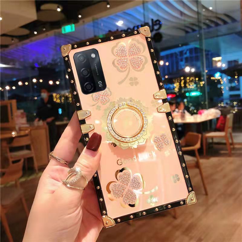 Ốp Điện Thoại Hình Vuông Đính Đá Lấp Lánh Kèm Giá Đỡ Nhẫn Cho Oppo A96 A95 A94 A55 A53 A74 A16 A15