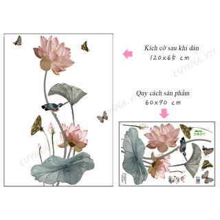 DECAL DÁN TƯỜNG HOA SEN LÁ NÂU NHẠT