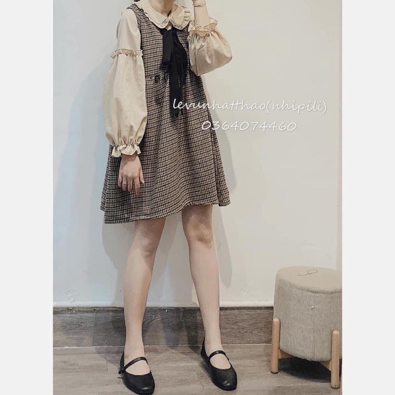 Set áo sơ mi cổ sen mix yếm dạ kẻ lót lông