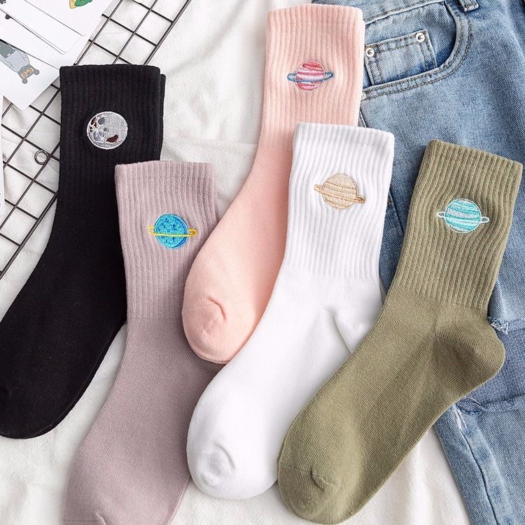 TIANTIAN T003 Vớ Cotton Cổ Cao Thêu Họa Tiết Hành Tinh Hoạt Hình Dễ Thương Thời Trang Nhật Hàn Cao Cấp