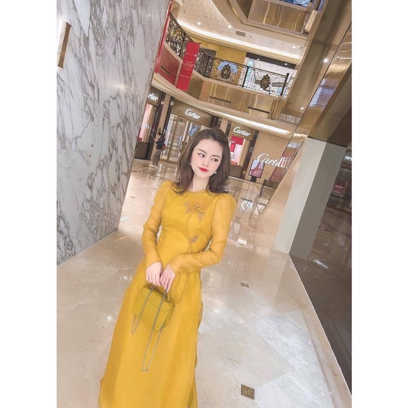 Áo dài tơ 4 tà màu vàng siêu xinh_TETCO Áo dài thiết kế cao cấp Nhã Phương